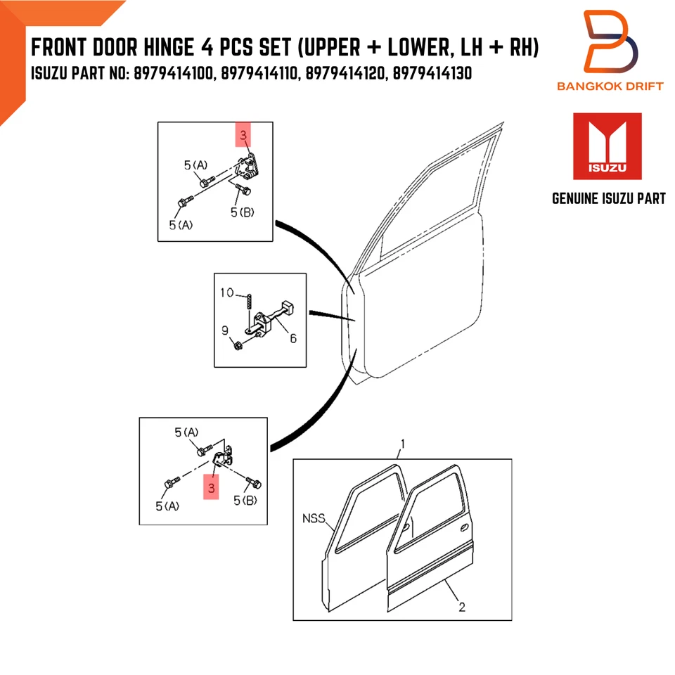 Genuíno Isuzu Pickup TF Holden Rodeo conjunto de dobradiça de porta frontal superior inferior 4 peças 88-02 - Imagem 2 de 4