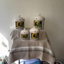 Large Sunflower Susan Winget Set Kitchen Counter Canisters 4 piece set. Exxon. 
