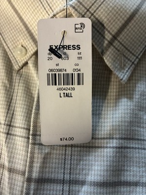 Express Classic 1MX Plaid Button-Up Shirt Long Sleeve L Tall Beige Gray