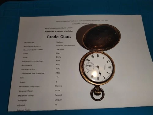 Rare Antique 1913 Waltham "Giant" Equity Pocket Watch  17s 7J Low Run Count 666