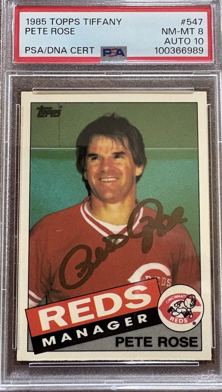 1985 Topps Tiffany #547 Pete Rose MGR PSA 8 PSA/DNA 10 Auto Signed In Gold Pop 1