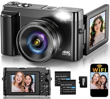 Compact 32GB 4K Digital Camera 64MP Autofocus Flip Screen Black Photography