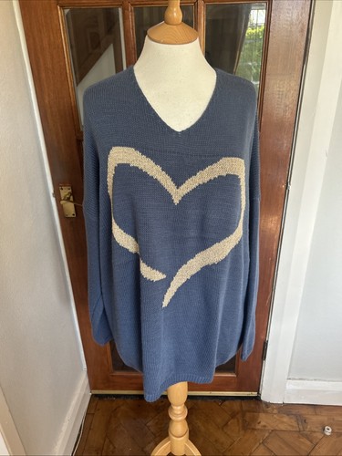 WOMENS MADE IN ITALY BLUE JUMPER WITH GOLD GLITTERY HEART ONE SIZE 18-24 Exc