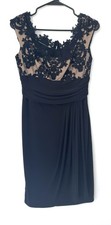 Maggy London Dress Petites 8P Black Lace Nude Beige Lining Gathered Waist Formal