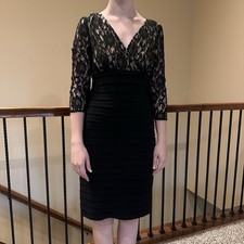 Adrianna Papell Black Lace Nude Illusion Sheath Dress Size 4 Party Cocktail