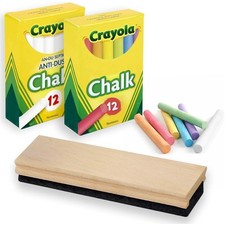 Chalkboard Chalk and Eraser Set, 24 Pack Including 12 White and 12 Colored