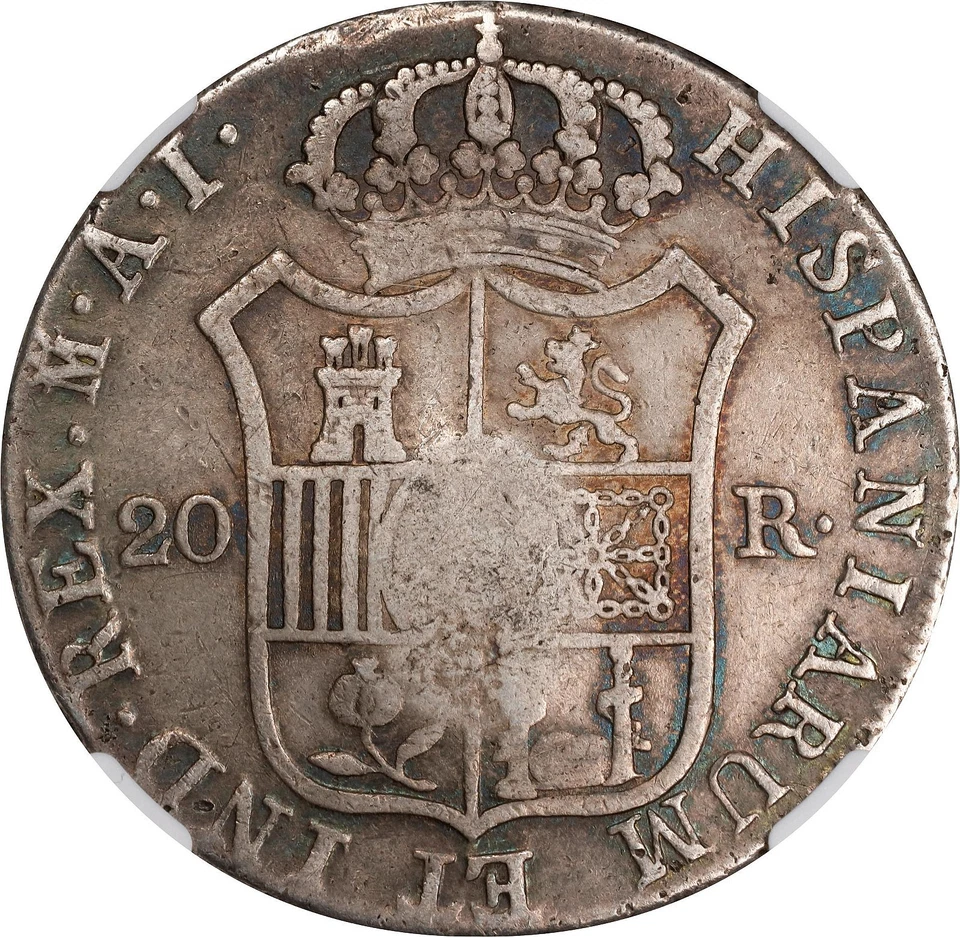 (1834) PORTUGAL MARIA II 870 REIS COUNTERMARK 1809 SPAIN 20 REALES NGC VF DETAIL - Image 2 of 4