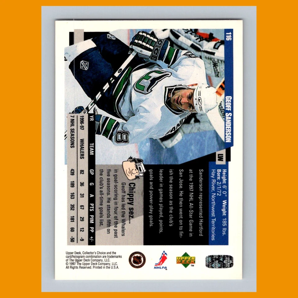 Geoff Sanderson #116 1997-98 Collectors Choice Hartford Whalers Hockey Card NHL - Image 2 of 3