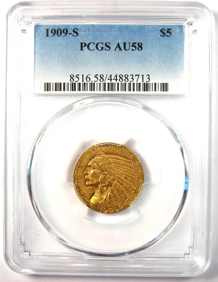 1909-S Indian Gold Half Eagle $5 Coin - PCGS AU58 - Rare Date - $2,250 Value - Image 2 of 4
