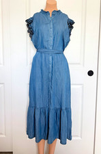 Nanette Lepore Women's Blue Chambray Button-Front Belted Ruffle Midi Dress 12