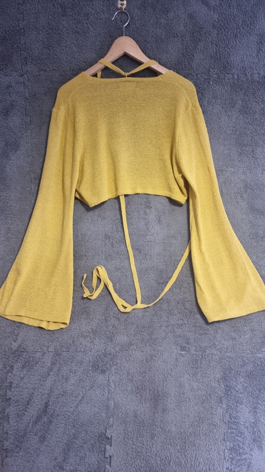 Cider Boho Festival Crop Wrap Top Bell Sleeve Knit Mustard Gold Size Large image 8