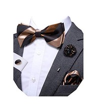 Mens Bowtie and Lapel Pin Set Paisley Floral Pretied Bowtie with Brown Coffe