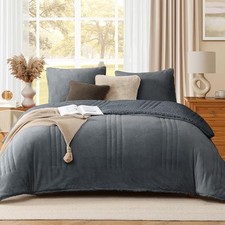 Fluffy Comforter Set Sherpa Plush Fuzzy Comforter 3 Piece for Full Blue Grey