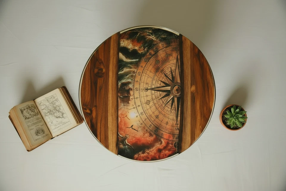 Handmade Clear Compass Theme Resin Teak Coffee Table - Live Edge Round Table,  - Image 2 of 4