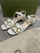 Gucci Horsebit Leather Low Block Heel Sandals Mystic White Ivory Size 37.5