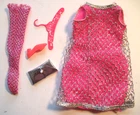 Vintage 1965 Francie (Barbie) Cage pink Dress/silver clutch/hanger/shoe-stocking
