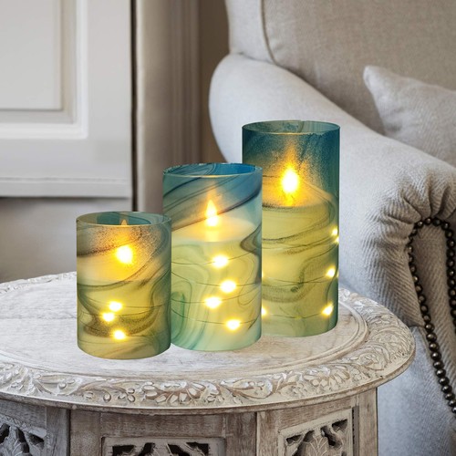 Vela de pilar sin llama con patrón de mármol velas LED parpadeantes control remoto 3 piezas - Imagen 2 de 5