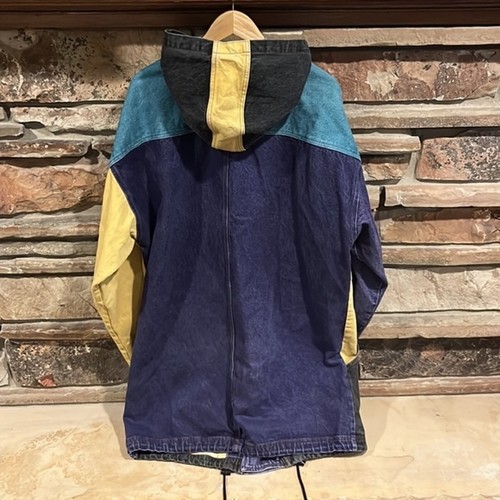 Vintage 90s Color Block Denim Hooded Overcoat with Toggle Buttons - Picture 6 of 8
