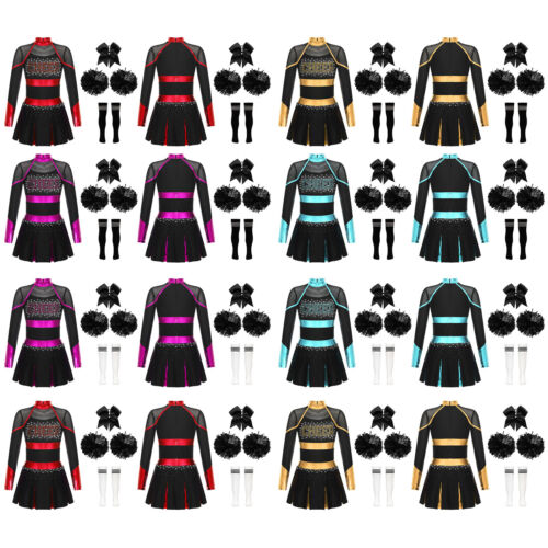 Kids Girls Pleated Dress Masquerade Dance Outfits Mock Neck Cheerleading Socks