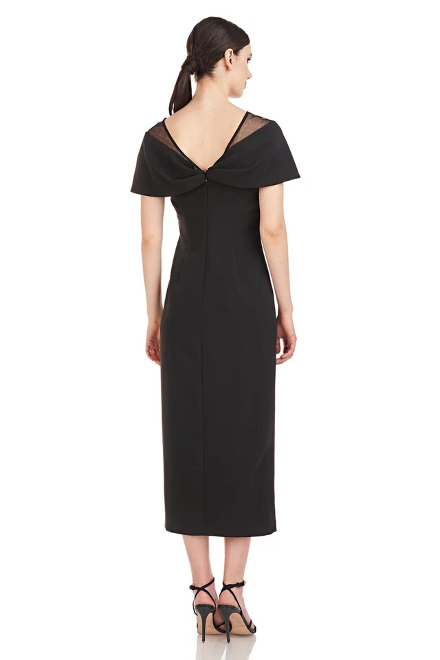 JS COLLECTIONS Black Sheer Yoke Twist Pleated Stretch Crepe Slit Midi Dress 12 L - Image 2 of 4