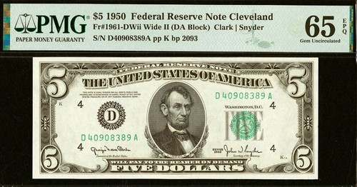 1950C $5 Federal Reserve Note PMG 65EPQ 2-Consecutive Cleveland Fr 1961-DWide II - Picture 4 of 5