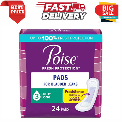 Poise Incontinence Pads for Women, 3 Drop Light Absorbency, Long Length, 24 Ct