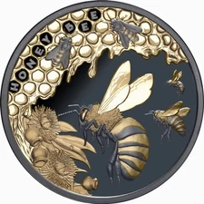 Niue 2025 HONEY BEE & Hive $1 Troy Oz Pure Silver GILDED BLACK PROOF—MINTAGE 750