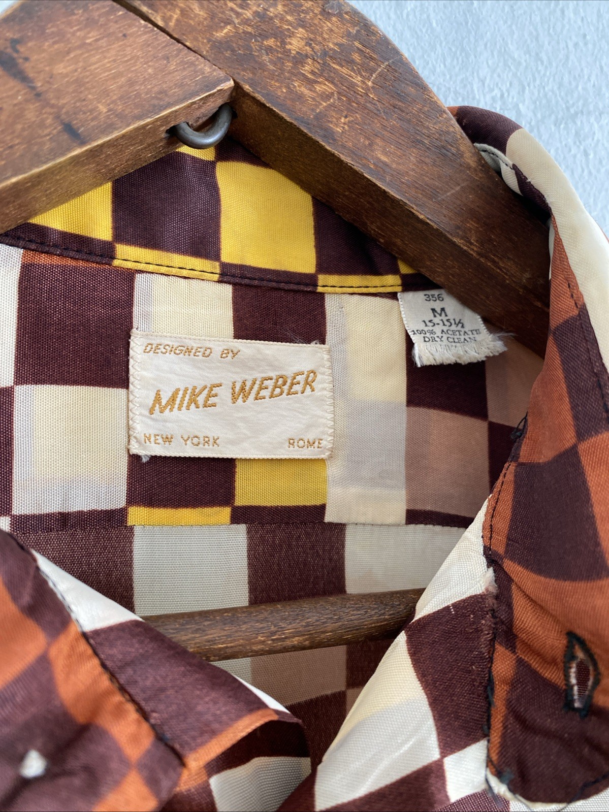 Vintage 70s Mike Weber Dagger Collar Op Art Checker Disco Button Up Shirt Sz S M image 4