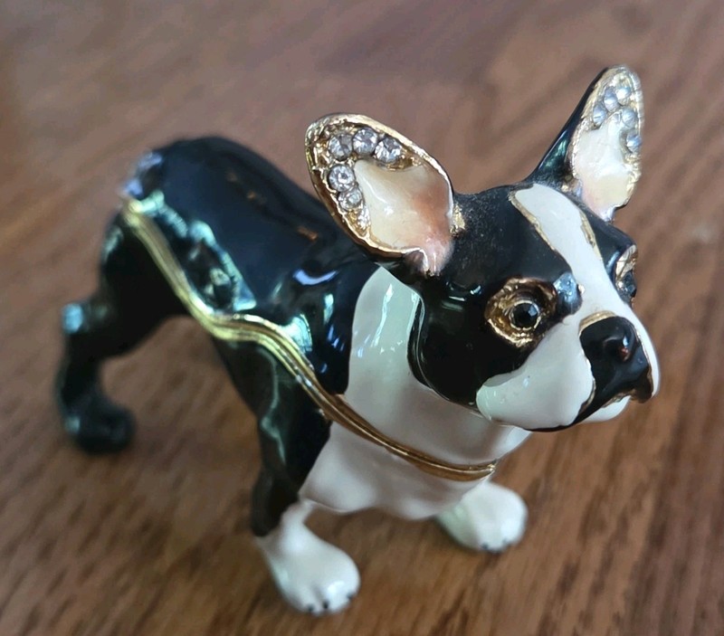 Kubla Crafts Enameled Boston Terrier French Bulldog Trinket Box Austrian Crystal