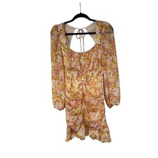 ASTR The Label Yellow Peach Floral Square Neck Ruched Long Sleeve Mini Dress S