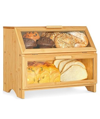 Doppellagiger Bambus Brotkasten Küche Arbeitsplatte Holz Aufbewahrung + Klarsicht Display