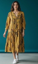 John Mark Boho Midi Dress Small Mustard Floral Tassel Tie Peasant Style Cottage