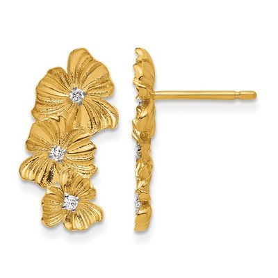 14K Gelbgold gebürsteter runder Diamant drei Blumen Ohrhänger 3,33 gm