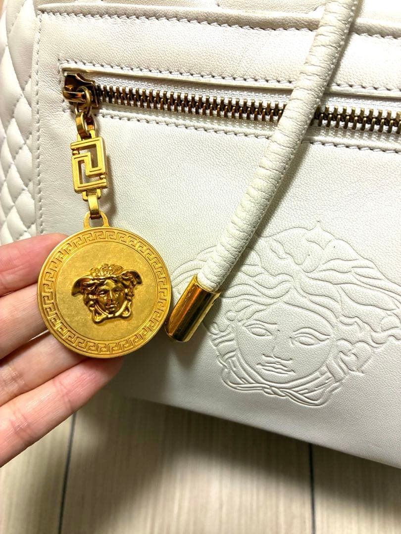 Versace White Quilted Backpack Gold Medal Charm Used Free Shipping thumbnail 2