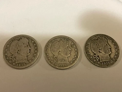 Lot Of 3 90% Silver Barber Quarters. 1914 (D), 1915 (D), 1916 No Mint Mark