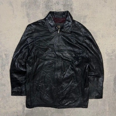 Redskins Black Buffalo Leather Jacket Men s Medium 90s Mid-Length Vintage