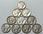 Lot 10 Diff Mercury Dimes $1 Face Value FV 90% Silver Coins 1917 - 39 NO RESERVE