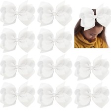 10 PCS Large 8" White Hair Bow Clips Grosgrain Ribbon Solid Color Hair Bow Wi...