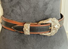 Vintage Circle Y Black Brown Leather Silver Buckle Star Belt Texas USA Size 26