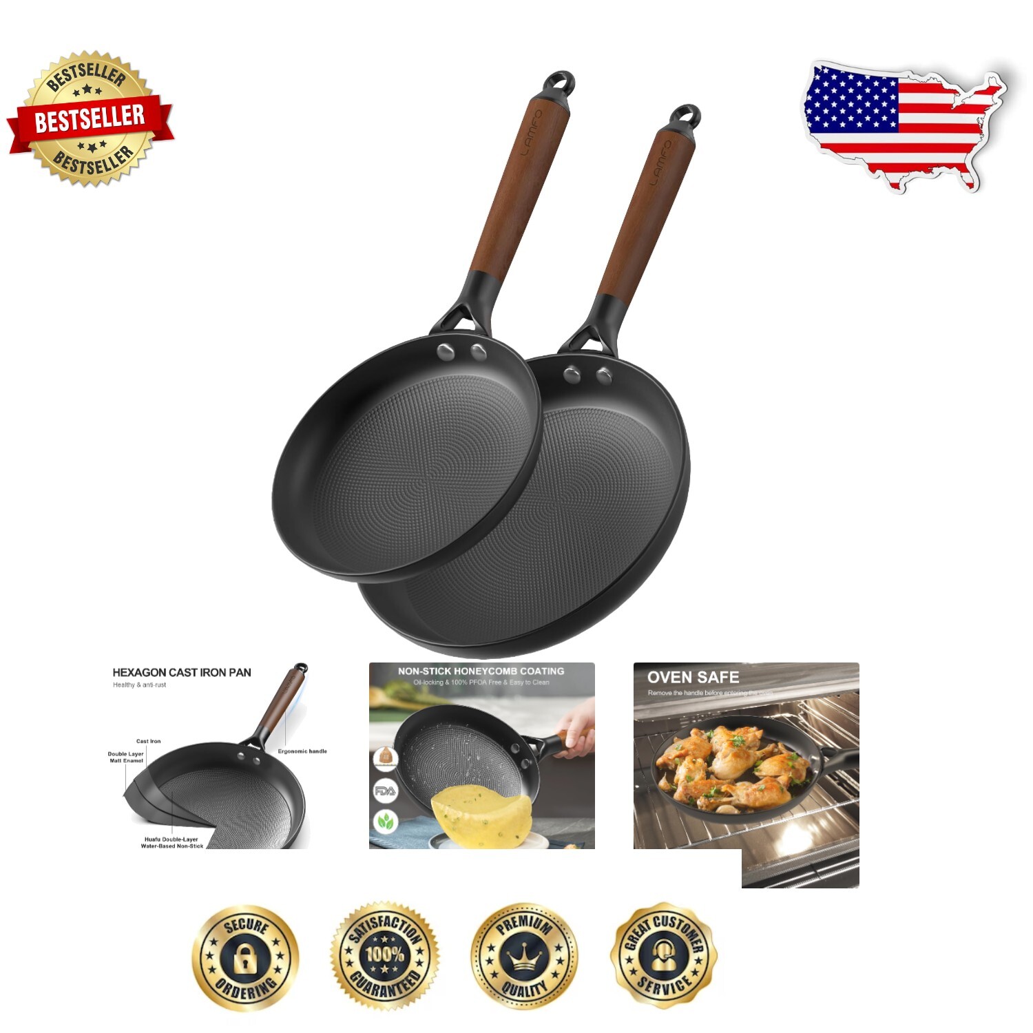 Dishwasher Safe 8 and 10 Inch Cast Iron Frying Pans - Ergonomic Handle Set