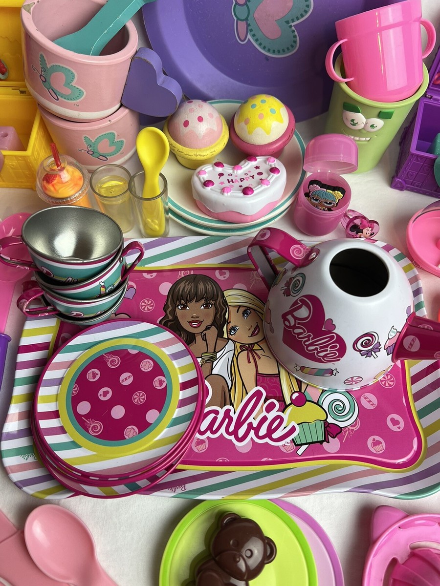 VTG Barbie Tray Tea Set Pretend Play Kitchen Plates Cups Disney
