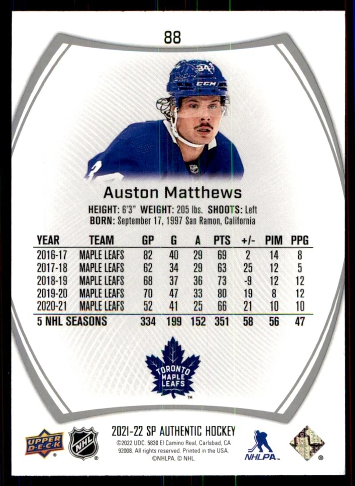 2021-22 SP Authentic Auston Matthews Toronto Maple Leafs #88 - Image 2 of 2