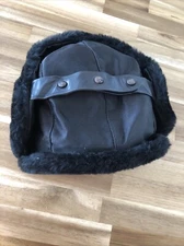 Trapper Bomber Aviator Hunter Hat Ear Flaps Medium Black Made In The USA Vintage