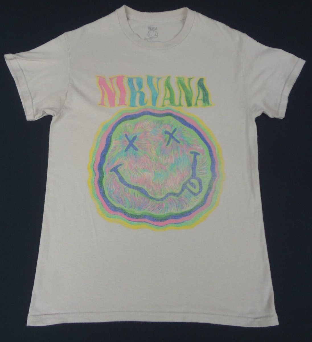 NIRVANA INTOXICATED PASTEL SWIRL SMILEY FACE - SMALL BEIGE T-SHIRT