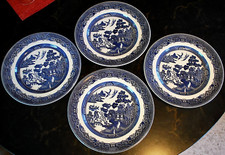 Vtg Set 4 BLUE WILLOW Johnson Bros 10.25" Dinner Plates DOUBLE WARRANT 2 Queens