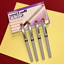 (4) NEW 60710 Uni-Ball Roller Grip Roller Ball Pen, Fine 0.3mm, Red Ink
