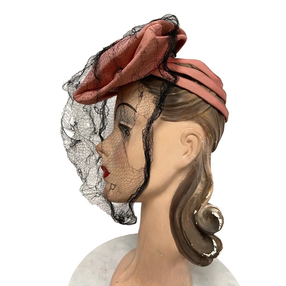 Sombrero Fascinator Rosa Años 40 De Colección con Velo Negro O/S Faille Ajustable  Foto 2 de 4