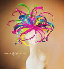 Kentucky Derby Oaks Fascinator Hat Hot Pink Fuchsia Turquoise Blue Yellow Green
