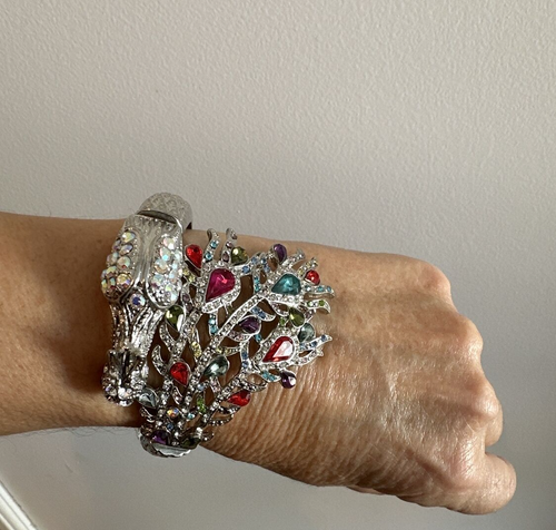 Pfau Elastisch Stretch Glitzer/Juwel Silber Armband