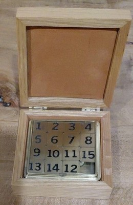 Vintage Brass 15 Number Slide Puzzle Game In Wooden Oak Box Case Unique 